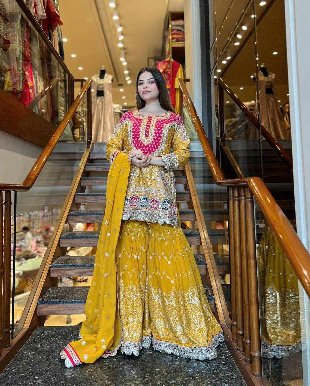 Embroidered Yellow and Pink Traditional Dress