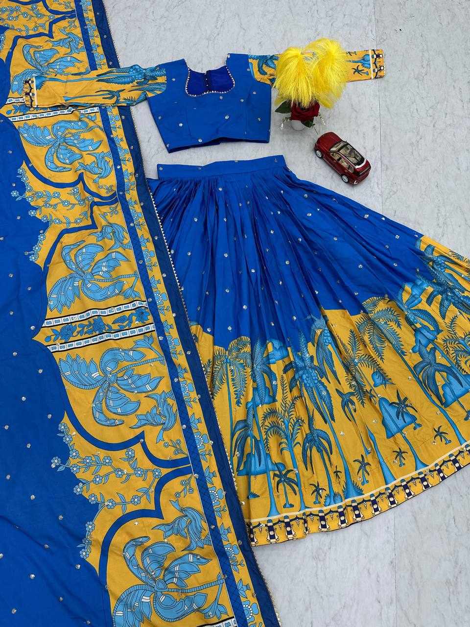Blue and Yellow Printed Saree Ensemble