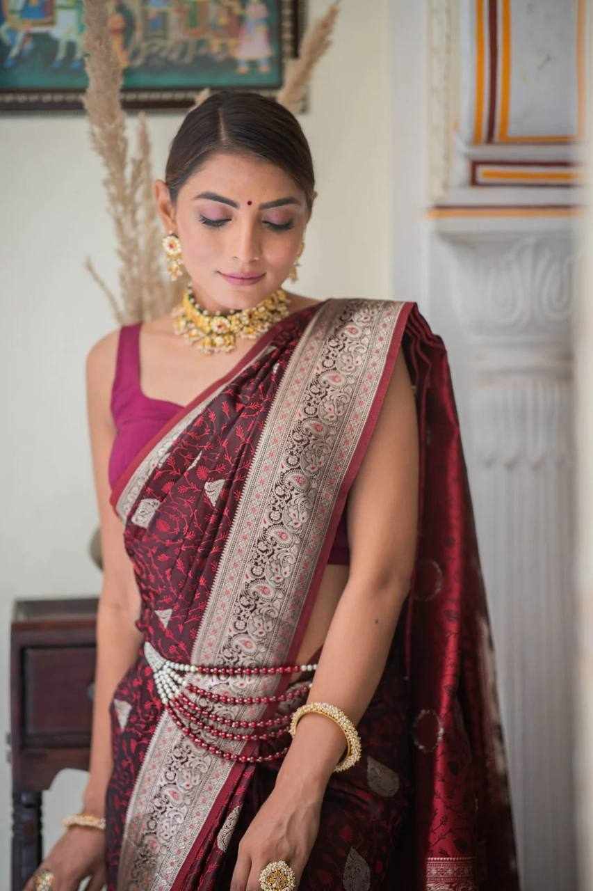 Maroon and Gold Banarasi Silk Saree