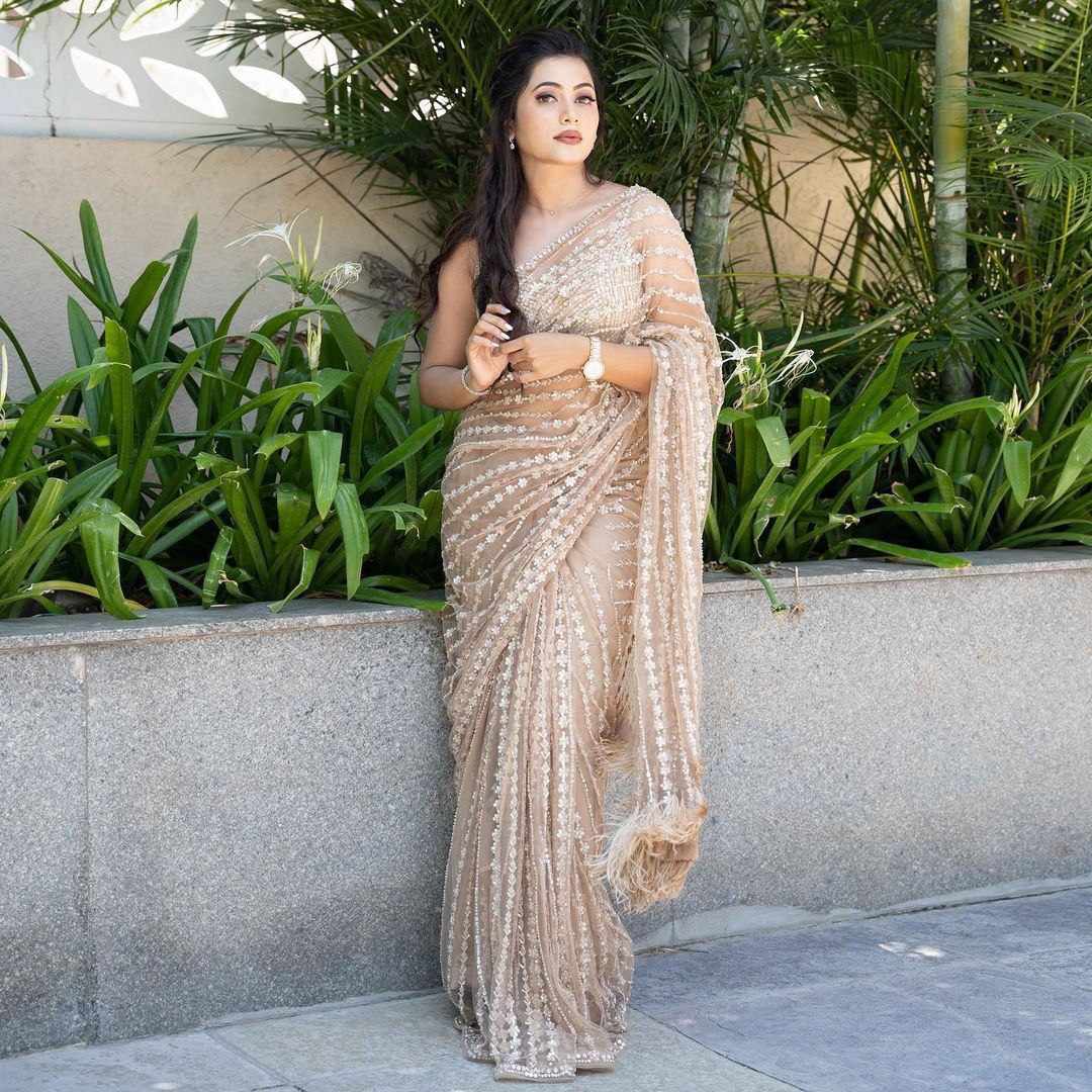 Embroidered Pink Net Saree