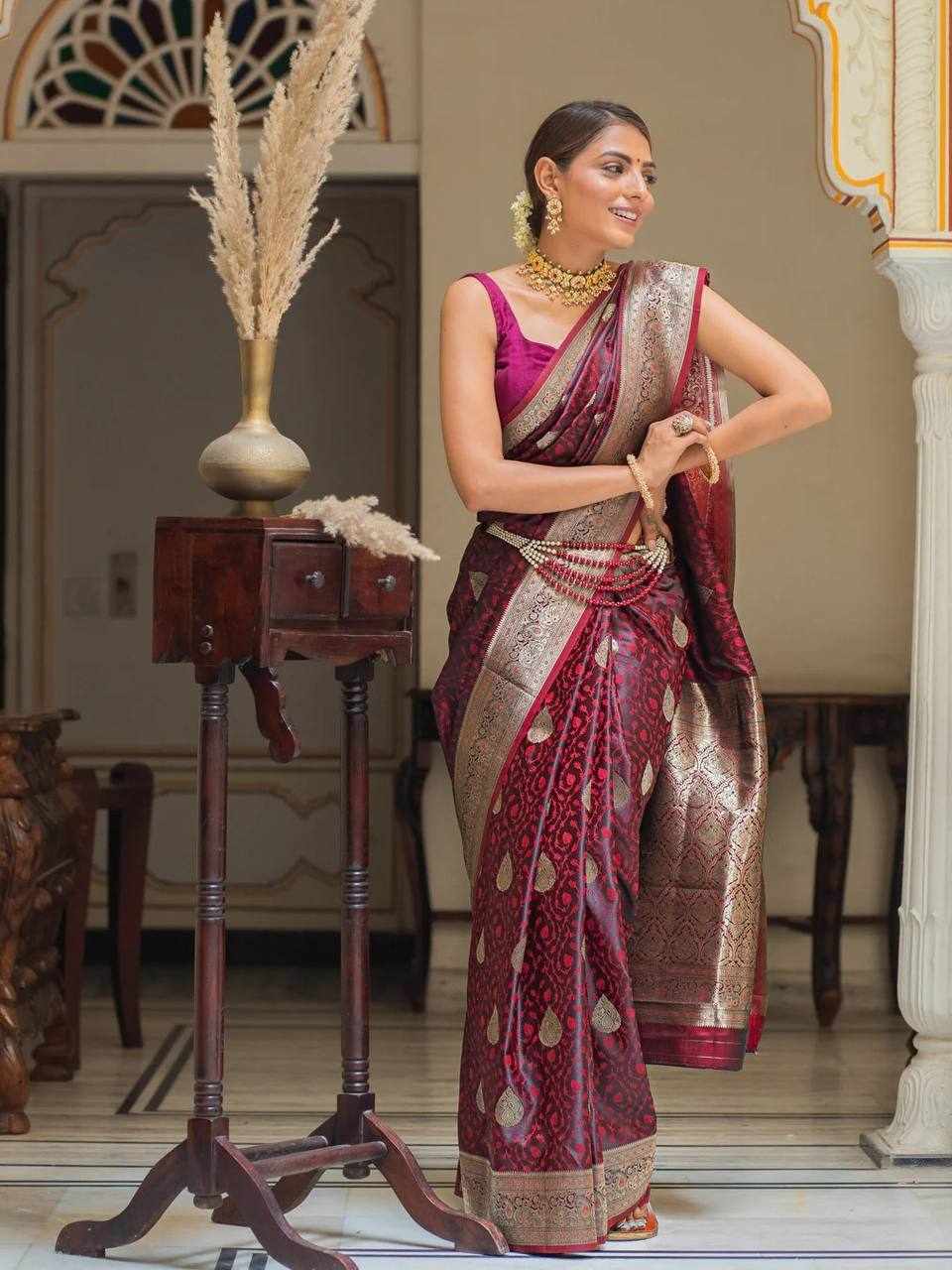 Maroon and Gold Banarasi Silk Saree
