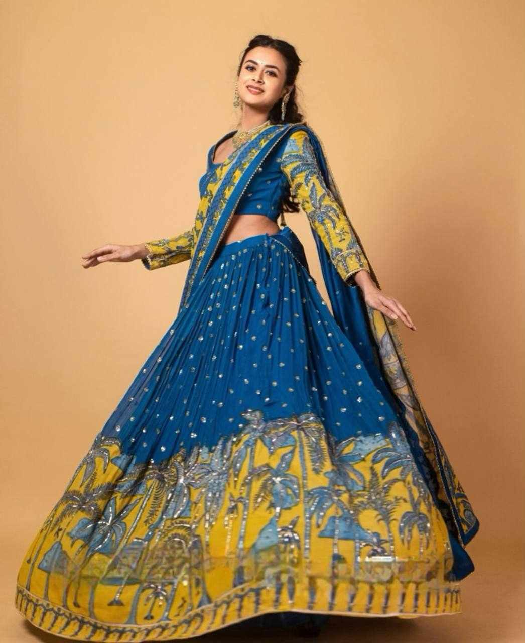 Blue and Yellow Printed Saree Ensemble