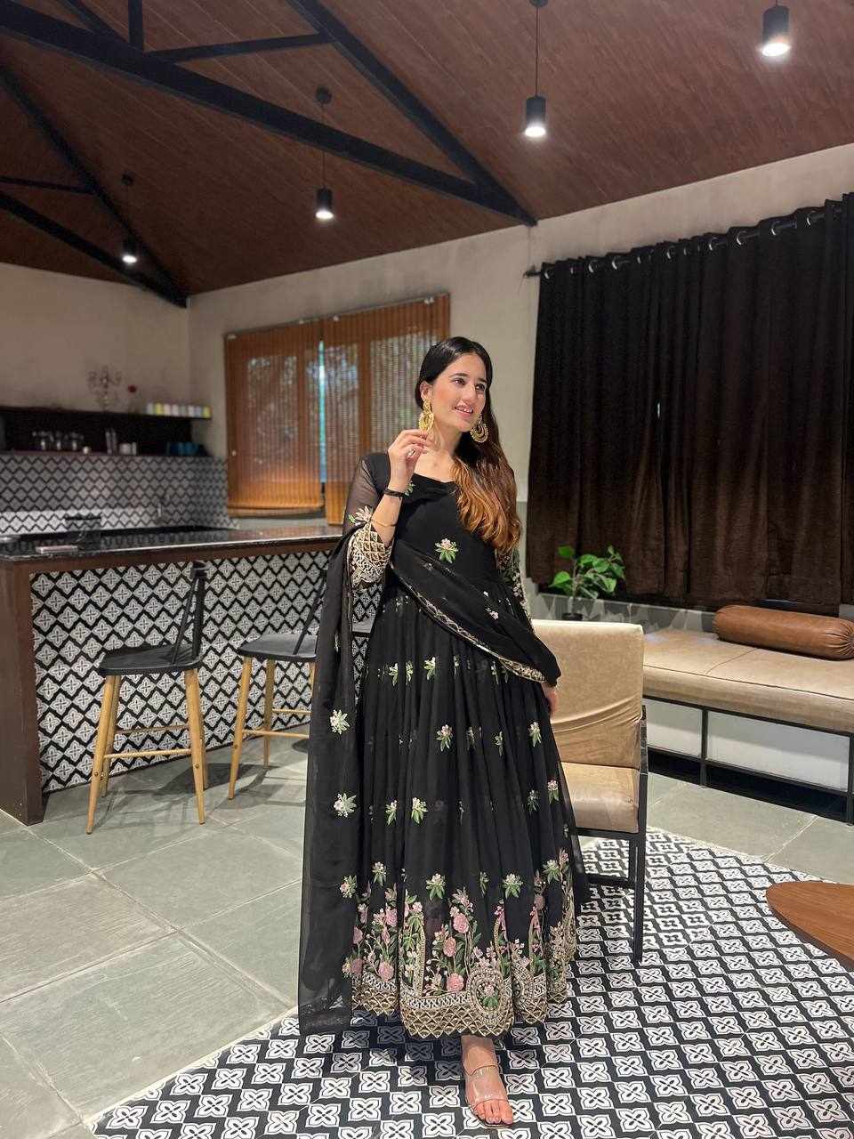 Black Floral Embroidered Anarkali Dress