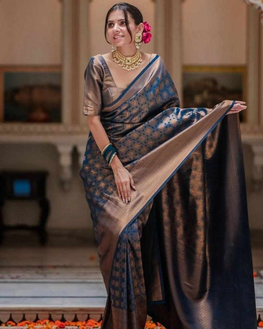 Blue and Gold Banarasi Silk Saree