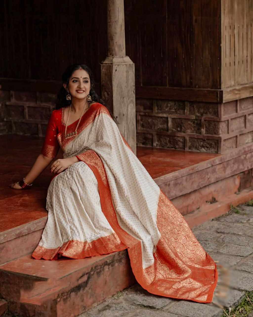 Elegant Cream and Rust Saree