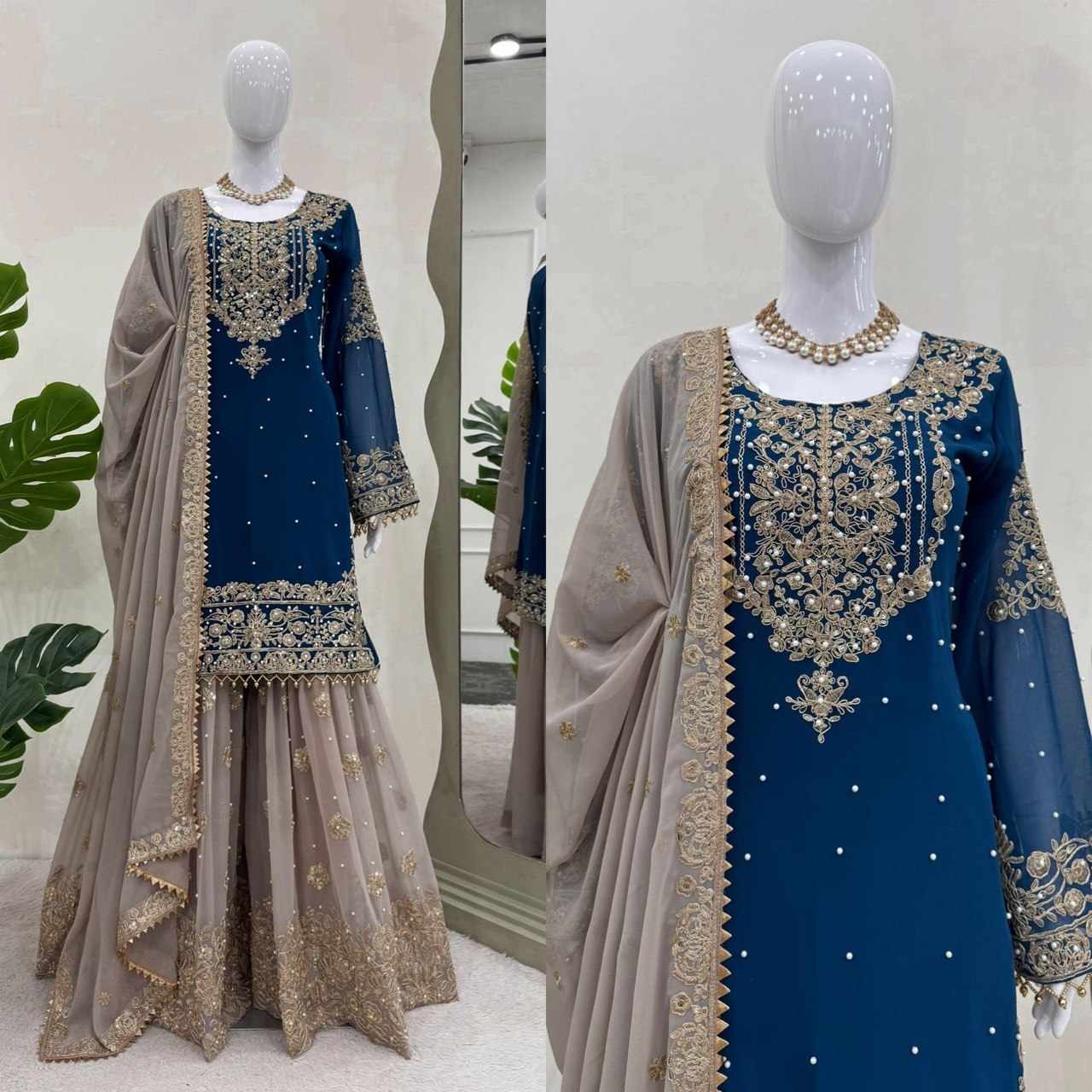 Embroidered Blue and Beige Formal Dress