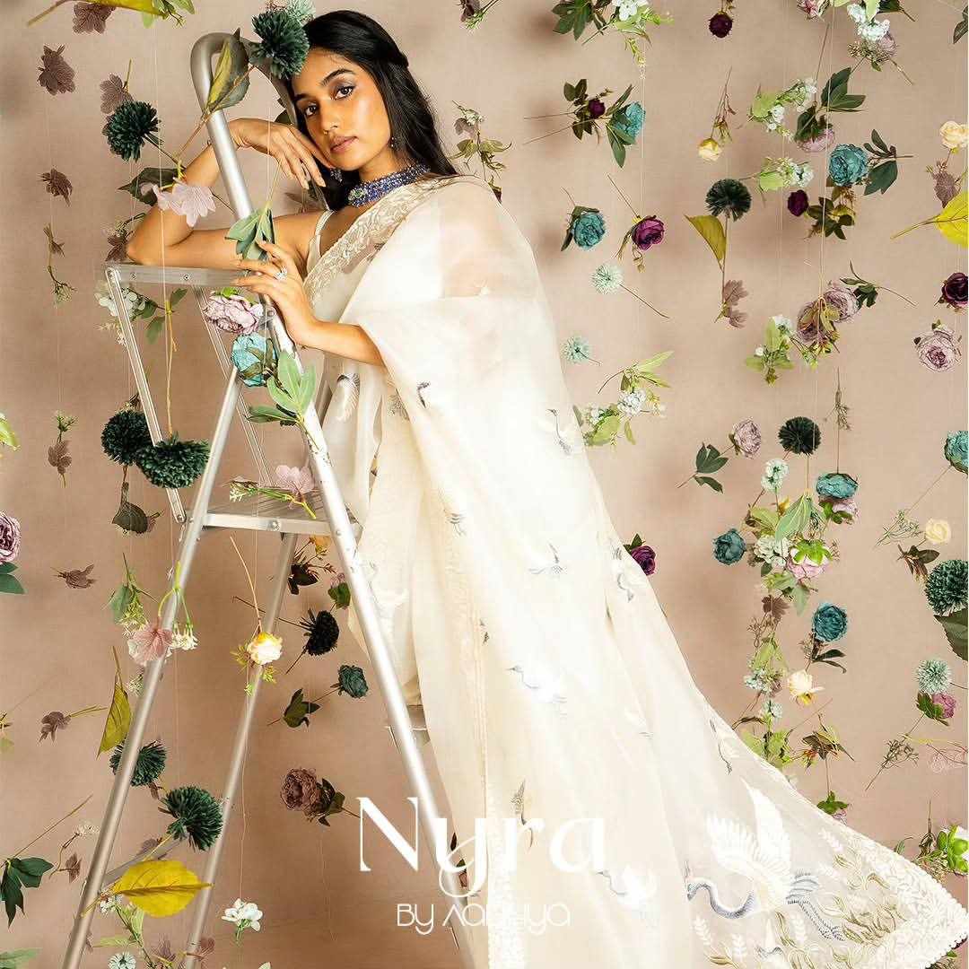 Elegant White Embroidered Saree