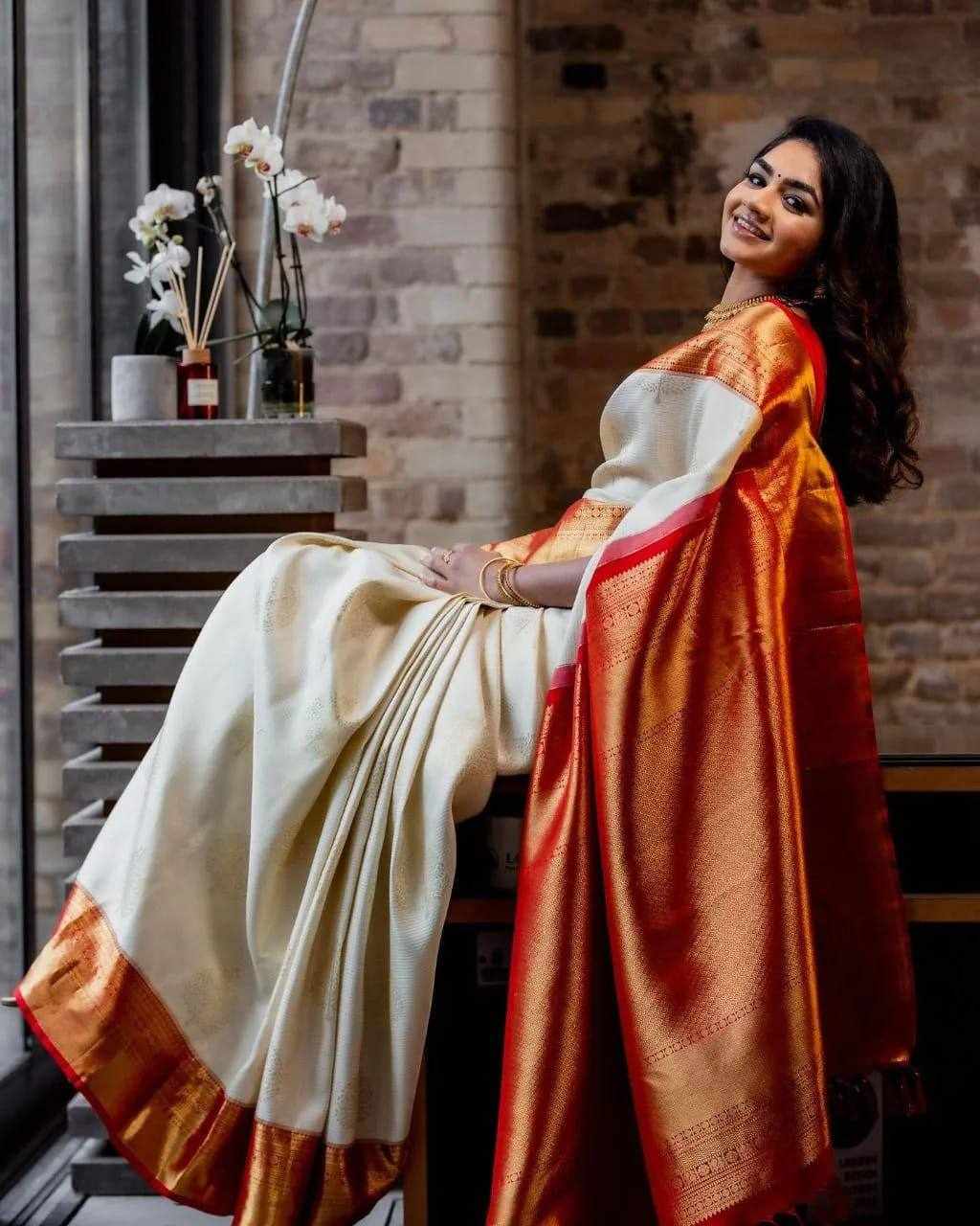 Elegant Cream and Red Silk Saree