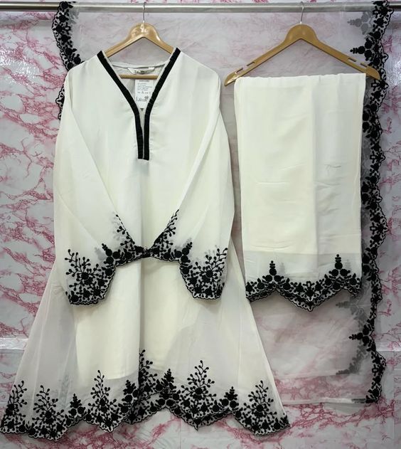 Embroidered White Chiffon Dress
