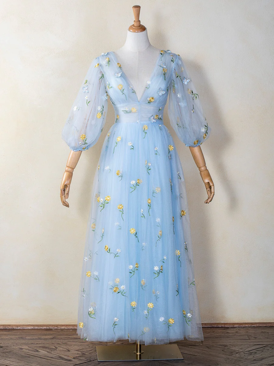 Light Blue Floral Embroidered Maxi Dress