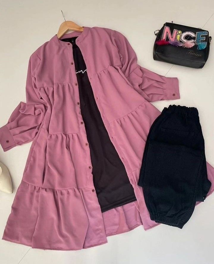 Pink Tiered Long Shirt Dress
