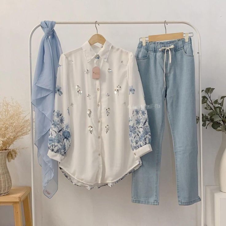 Women's Floral Embroidered Shirt and Jeans Set