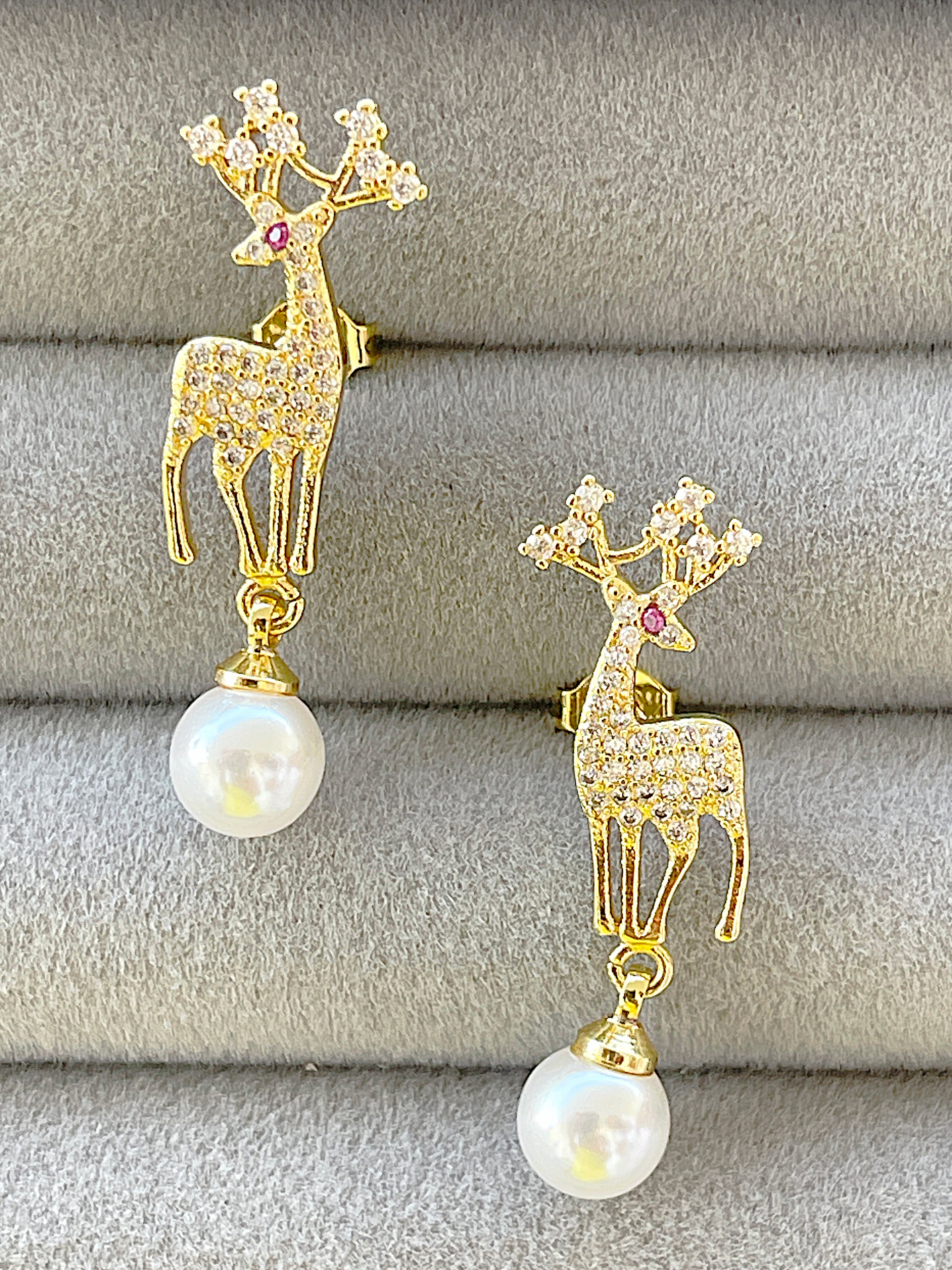 Deer Shape 3A Zircon Pearl Gold Plated Drop Earrings 