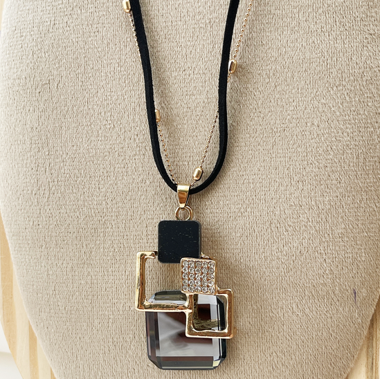 Geometric Black and Gold Pendant Necklace