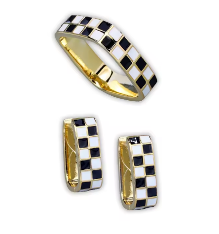 Checkerboard Pattern Damier Ring and Earring Enamel Jewelry Set