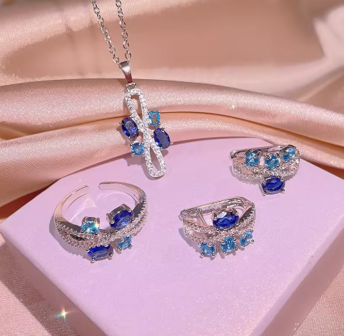  Geometric Shape Shine Blue Zircon Jewelry Set