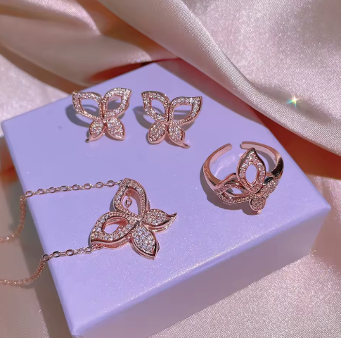 Minimalist Daily Shine Butterfly Shape Zircon Jewelry Set Gold Plated Necklaces and Chains