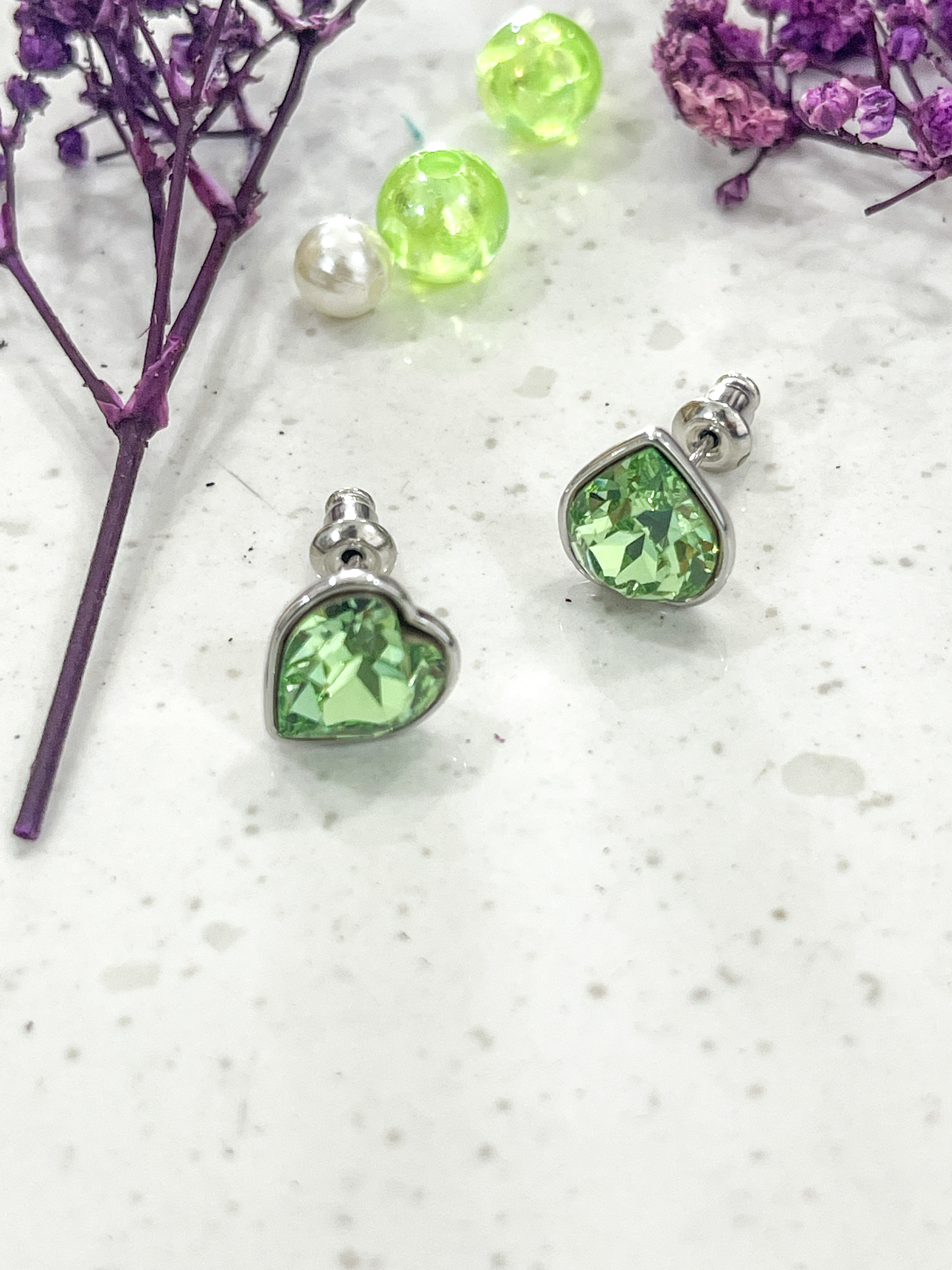 Green Heart-Shaped Stud Earrings