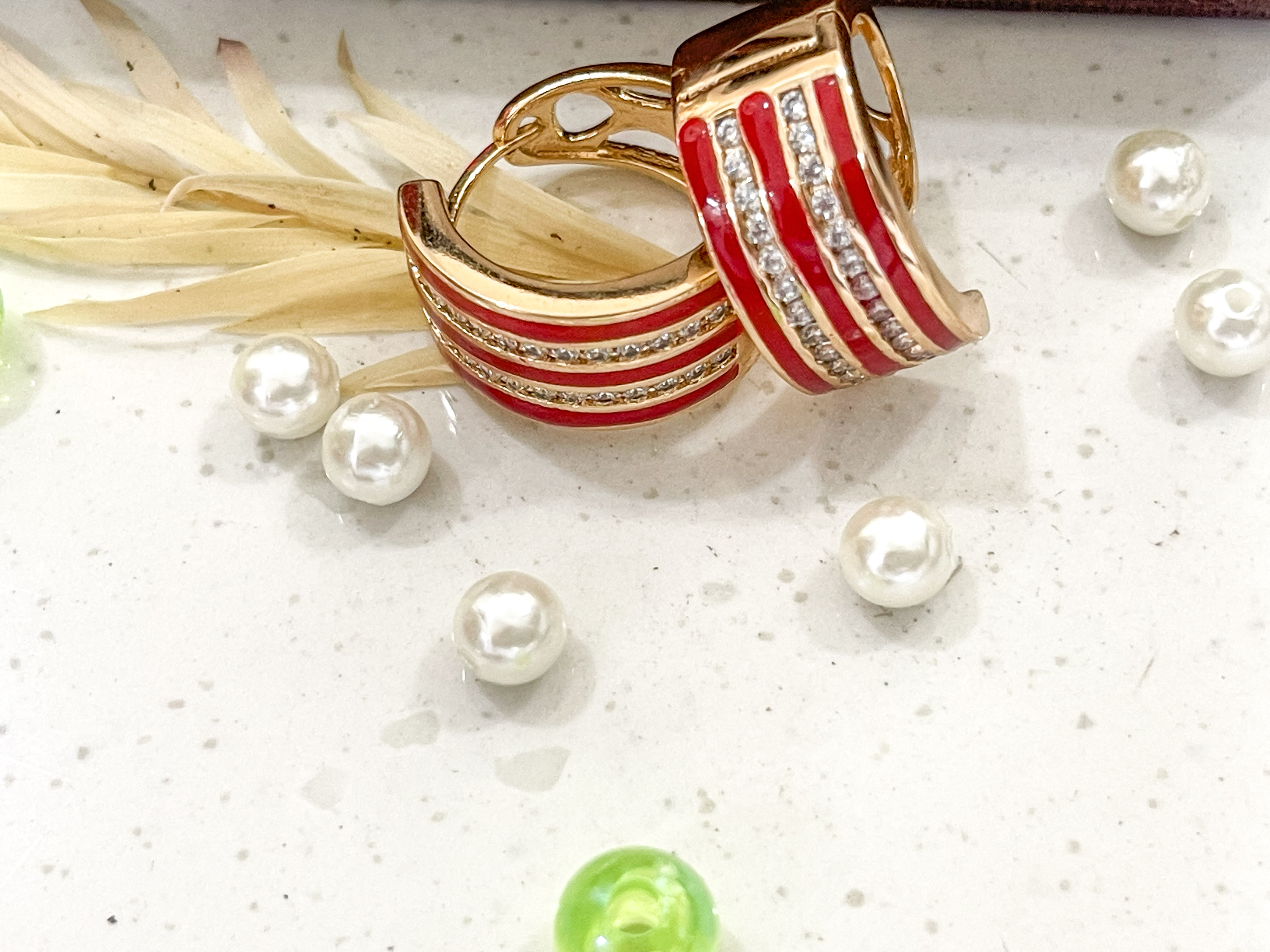 Gold and Red Stripe Hoop Earrings