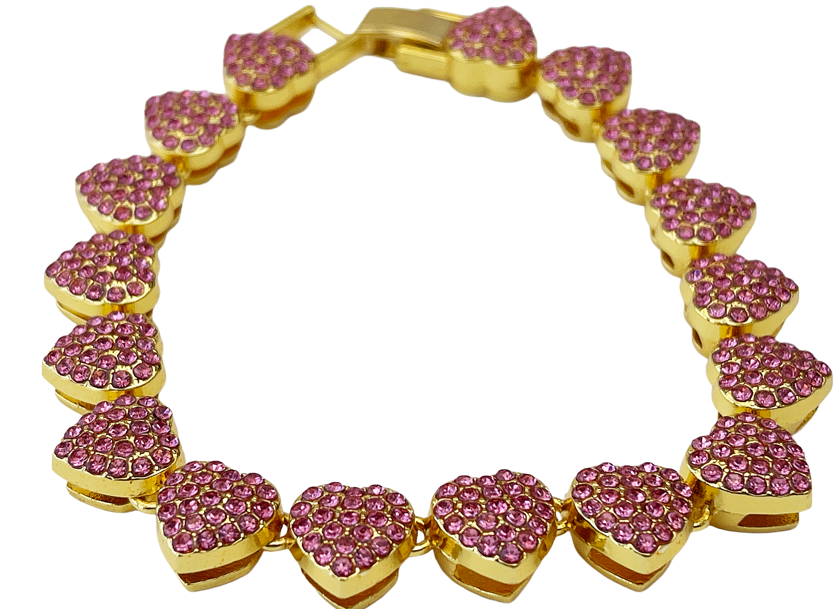 Gold Heart Bracelet with Pink Stones