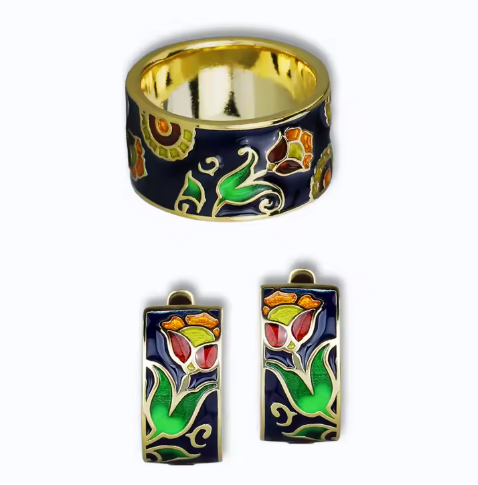 New Design Exquisite Geometric Shape Handmade Enamel Ring and Earrings