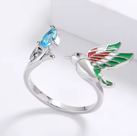 Enamel Jewelry Set Plated Colorful Oil Brass with Pear-Cut Aquamarine Bird Ring