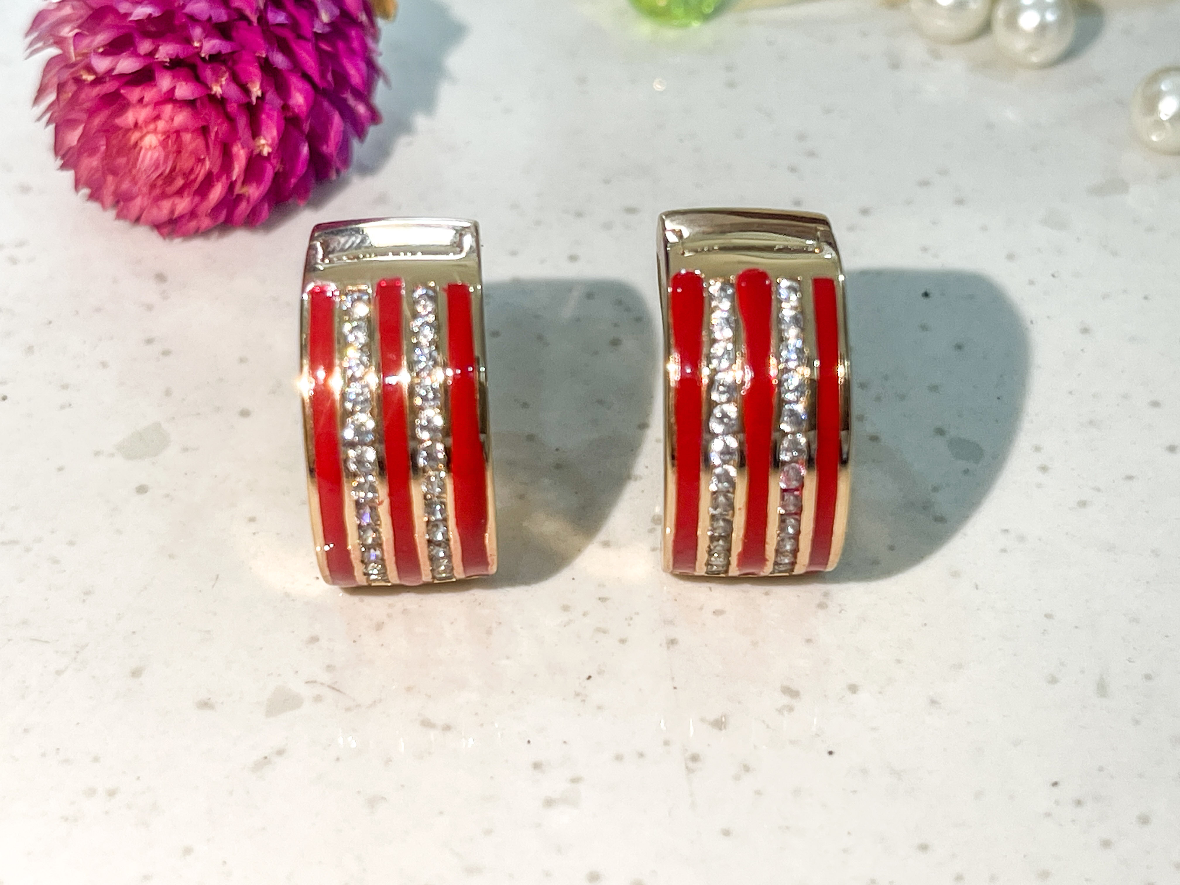 Gold and Red Stripe Hoop Earrings