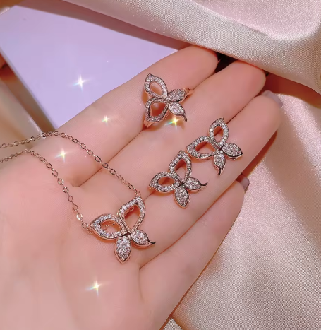 Minimalist Daily Shine Butterfly Shape Zircon Jewelry Set Gold Plated Necklaces and Chains