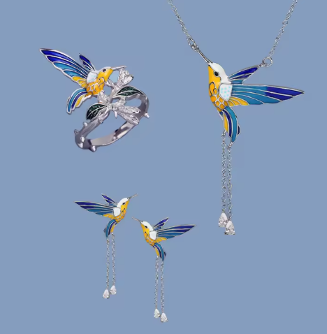 New Creative Enamel Hummingbird Jewelry Set with Ring Necklace and Earring 