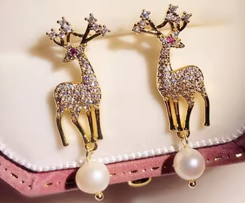 Deer Shape 3A Zircon Pearl Gold Plated Drop Earrings