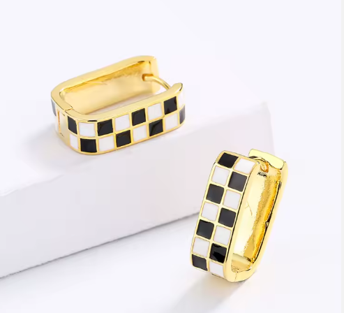 Checkerboard Pattern Damier Ring and Earring Enamel Jewelry Set