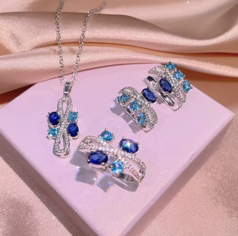  Geometric Shape Shine Blue Zircon Jewelry Set