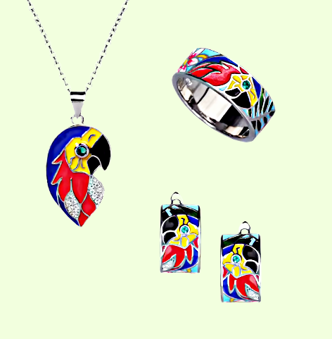 Fashion Jewelry Platinum Plated Zircon Enamel Jewelry Set Ring Necklace Earring 
