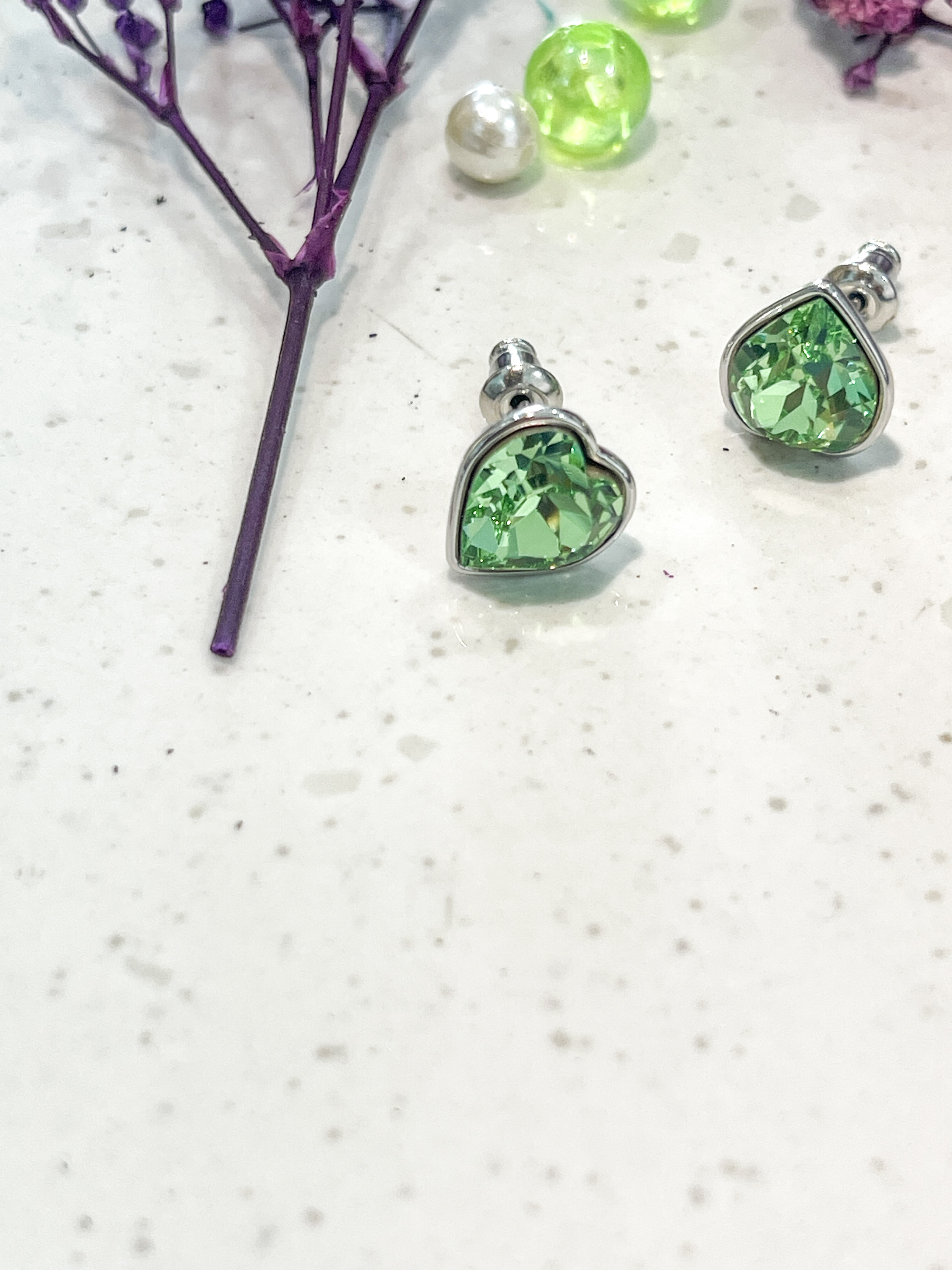 Green Heart-Shaped Stud Earrings
