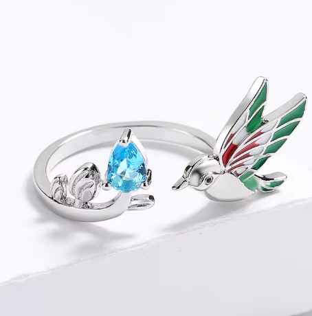 Enamel Jewelry Set Plated Colorful Oil Brass with Pear-Cut Aquamarine Bird Ring