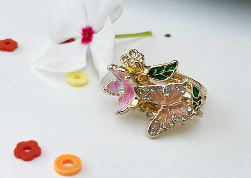 Butterfly and Resin Flower Gold Ring
