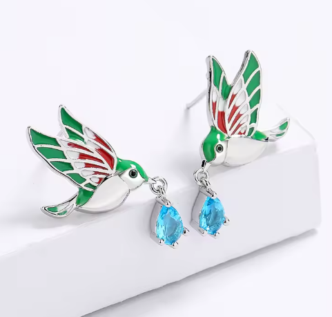 Enamel Jewelry Set Plated Colorful Oil Brass with Pear-Cut Aquamarine Bird Ring