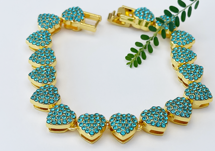 Gold Heart Bracelet with Pink Stones