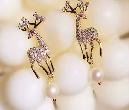 Deer Shape 3A Zircon Pearl Gold Plated Drop Earrings 