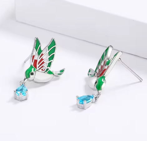 Enamel Jewelry Set Plated Colorful Oil Brass with Pear-Cut Aquamarine Bird Ring