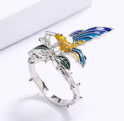 New Creative Enamel Hummingbird Jewelry Set with Ring Necklace and Earring 