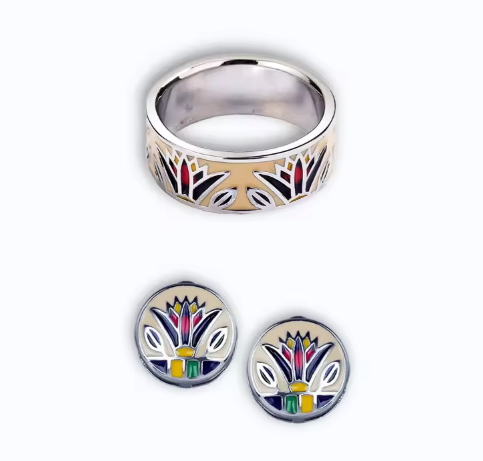 Exquisite Floral Ring and Earrings Enamel Jewelry Set