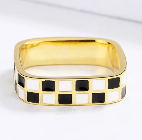 Checkerboard Pattern Damier Ring and Earring Enamel Jewelry Set