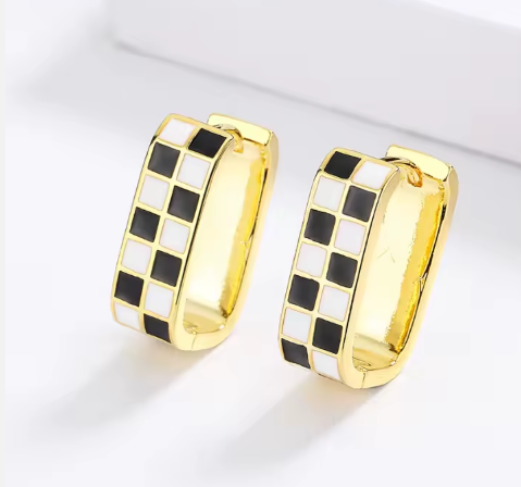 Checkerboard Pattern Damier Ring and Earring Enamel Jewelry Set