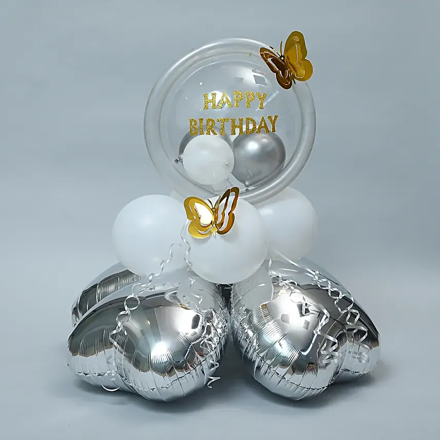 White & Silver Birthday Balloon Arrangement