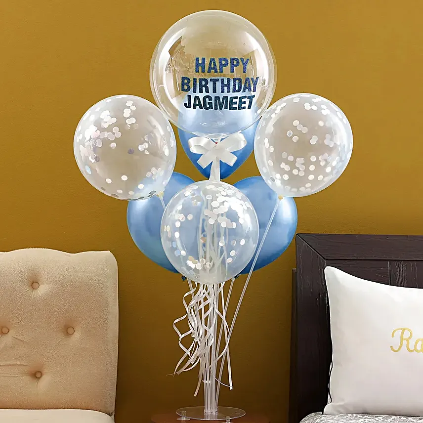Personalized Glittery Birthday Balloon Bouquet- Silver & Blue