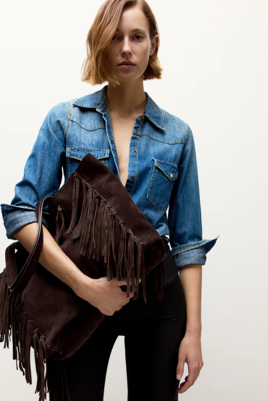 Joni Brown Suede Fringe Tote Bag