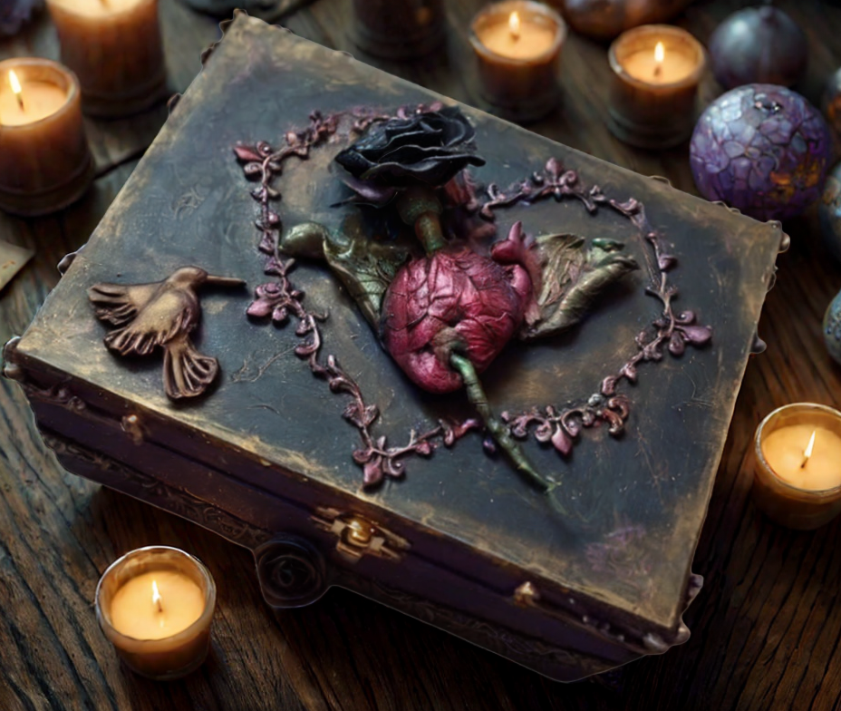 Caja mágica decorativa de corazón y rosa