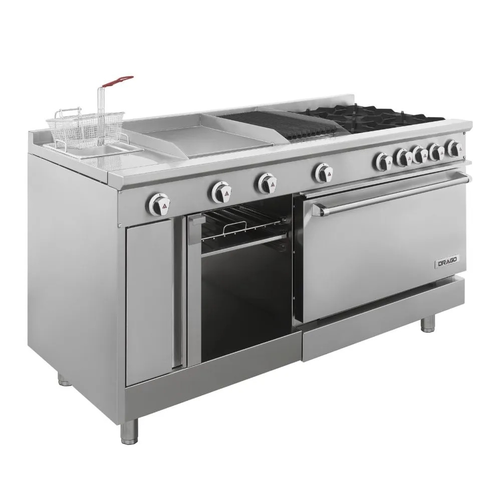 Multifuncional industrial con estufa 4 quemadores, horno, asador de 12" (30 cm) plancha 18" (45 cm), freidora y gratinador