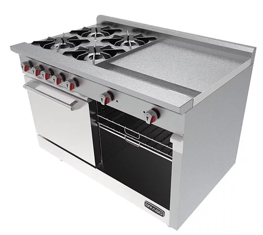 Estufa industrial 4 quemadores con plancha de 24" y horno